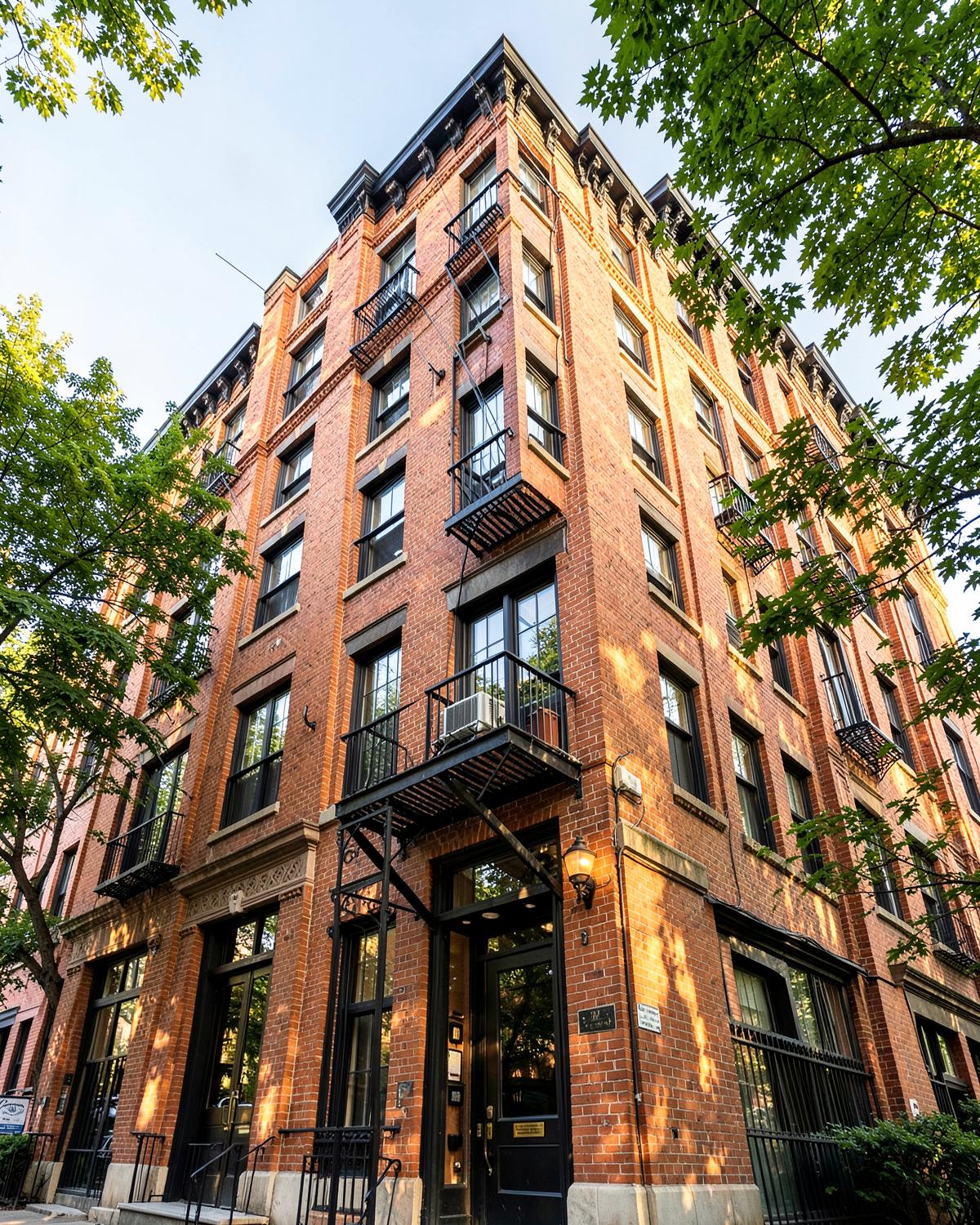 Restored Bronx brick apartment facade in daylight