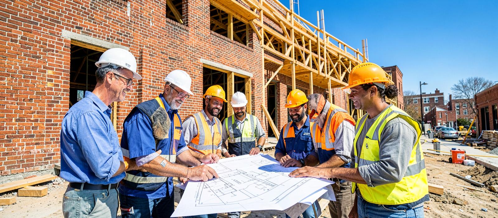 Construction crew reviewing plans at a bright Bronx job site